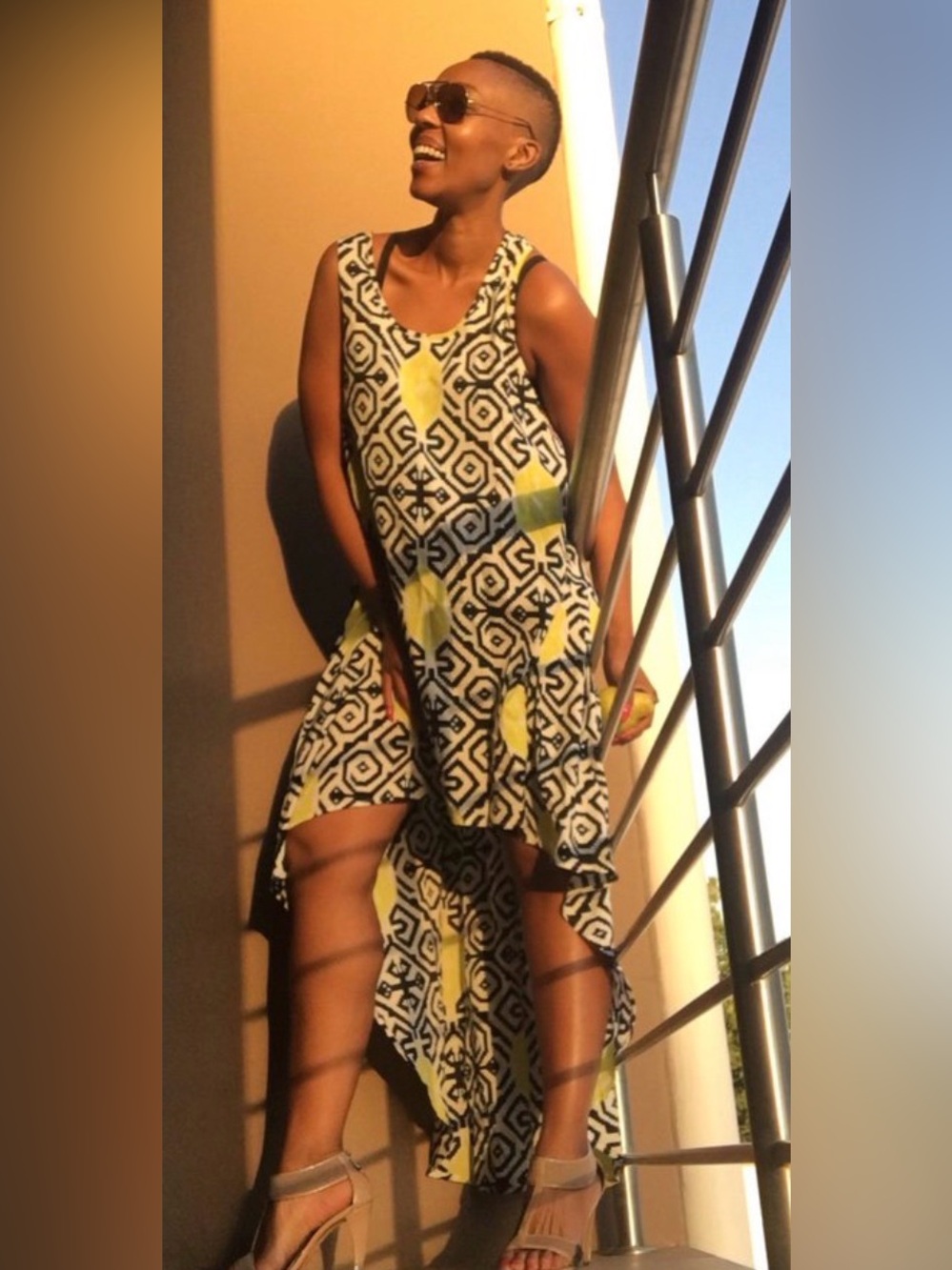 Topshop Yellow & Black Geometric High-Low Sleeveless Dress Aztec XS